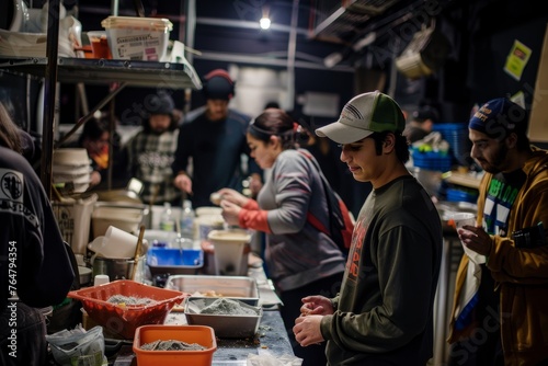 Candid shot of a group of people bustling in a kitchen, preparing food, chopping ingredients, and cooking together
