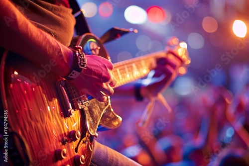 A musician passionately playing a guitar on stage in front of a crowd, with strings vibrating. Closeup shot focusing on the hands
