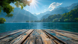 Empty old wooden table in front of blurred background of the lake, mountain, blue sky among bright sunlight on a clear day. Can be used for display or montage