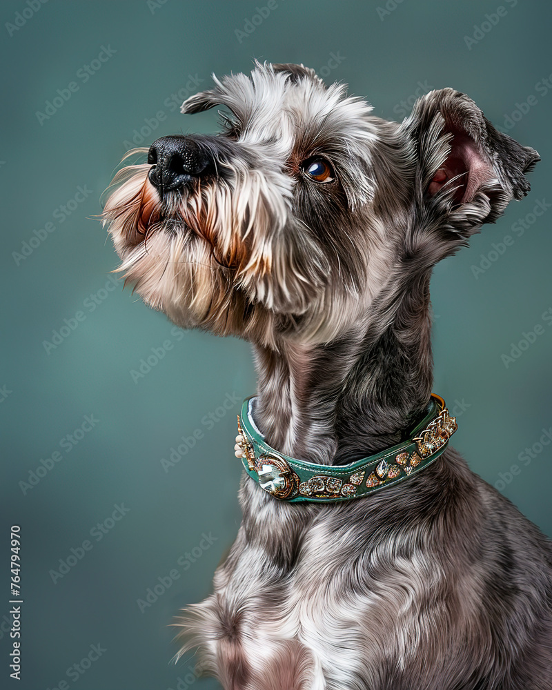 studio portrait of a furry schnauzer dog wearing a jewel collar on soft flat background. pet care, grooming.