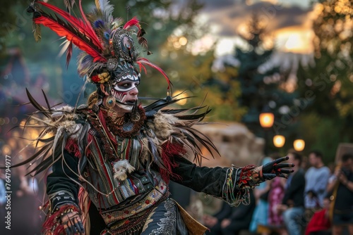 A man in a costume adorned with feathers and a feathered headdress performing on stage