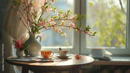 A warm indoor scene featuring a tea set and cherry blossoms by a sunny window, evoking a peaceful start to the day.
