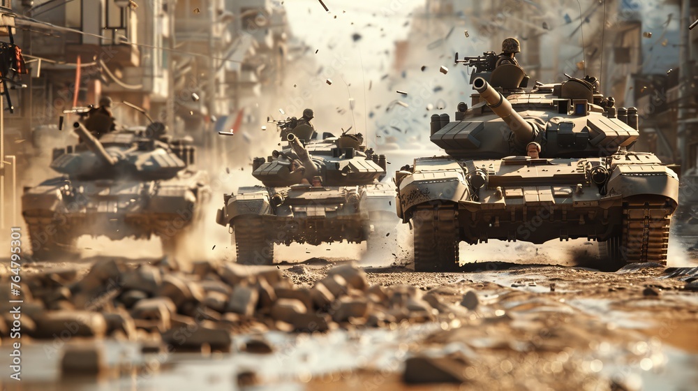 A group of military tanks is seen driving down a street, their massive treads gripping the asphalt as they navigate through the urban environment. The tanks are moving in a coordinated formation