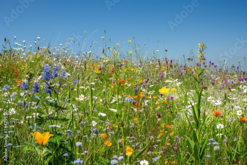 A sunny day illuminates a field brimming with colorful wildflowers and other blooms, set against a clear blue sky © Ilia Nesolenyi