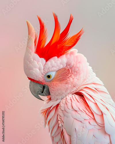 studio portrait of a pink cockatoo with vibrant red crest on a soft flat background. © laetitiae