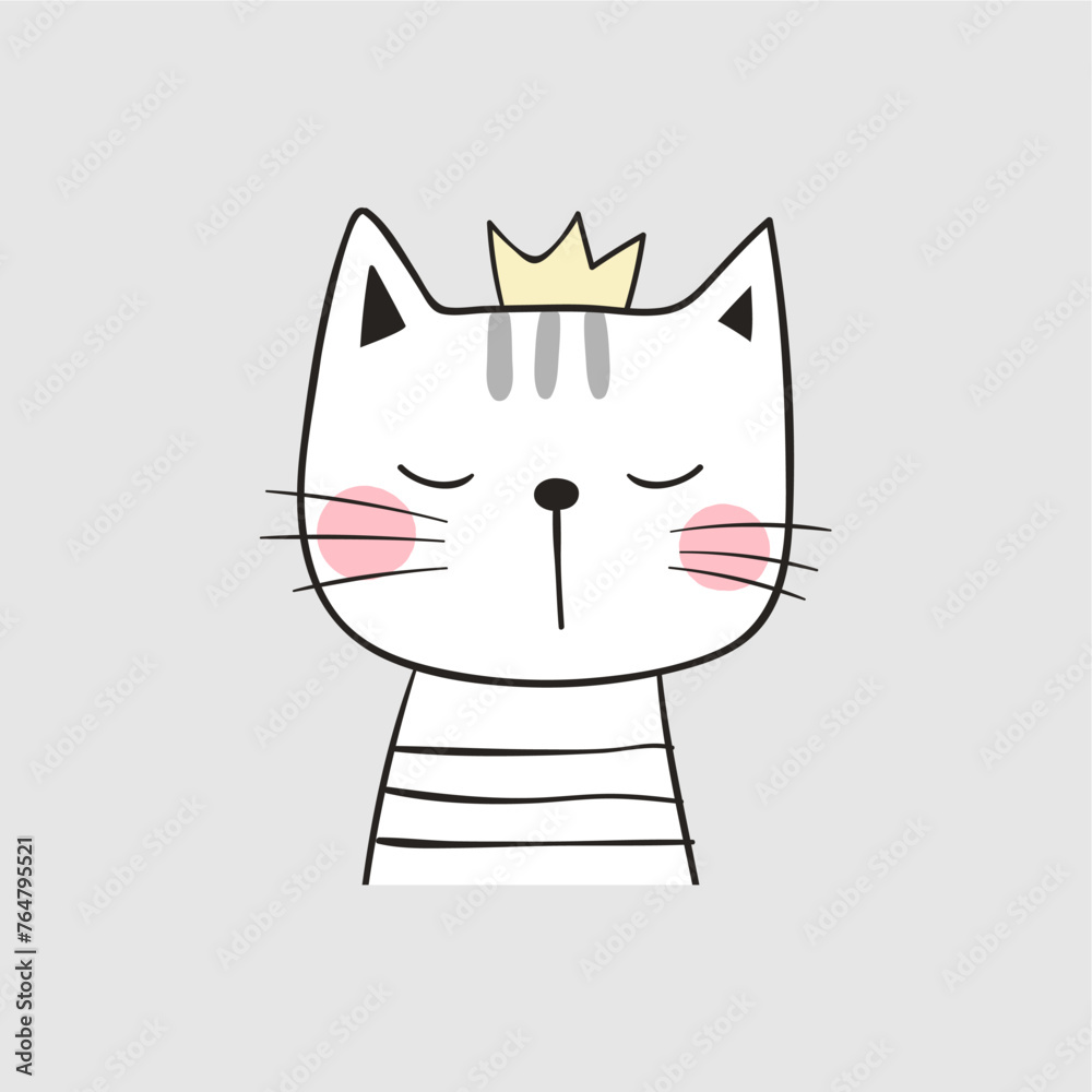 Fototapeta premium Cartoon Cat Wearing A Heart Necklace Simple K Crown 