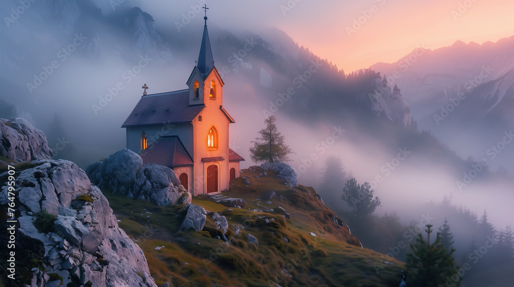Serene Church at Sunrise, Misty Morning Splendor