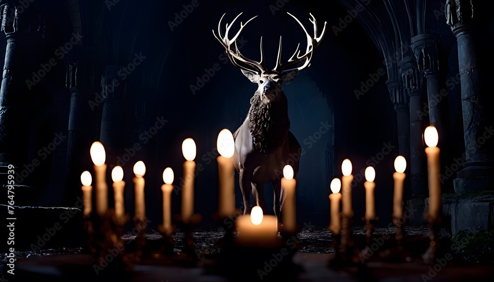 Fototapeta premium Castle forest, Gothic setting with candles, dark and creepy background, fantasy game, generative ai, generative, ai