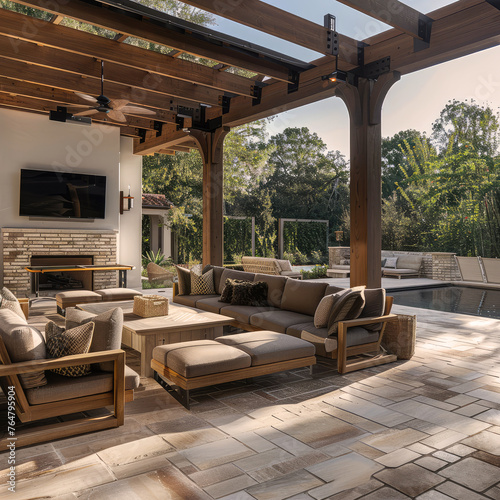 Outdoor Living with Swimming pool at a luxury custom home. photo