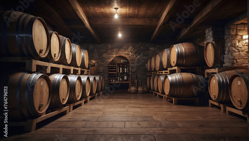 Oak wine barrels in a strewn wine cellar.