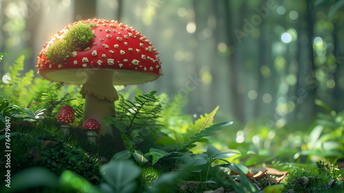 Enchanting Fly Agaric Mushroom in Mystical Forest, Fairytale Scene