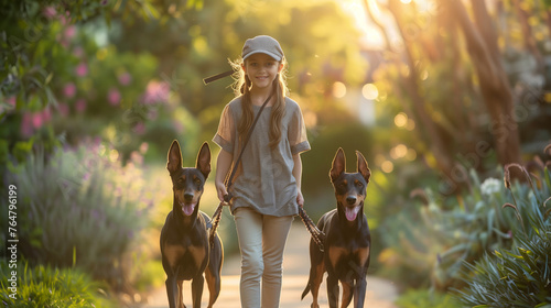 Young Girl Enjoying a Sunset Walk with Two Doberman Dogs, Park Leisure Time