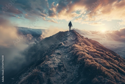 A hiker conquers a challenging mountain trail and stands triumphantly on the summit at sunrise