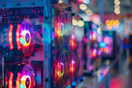 Close-up of a row of high-performance gaming PC cases with transparent panels, displaying inner components illuminated by colorful RGB lights