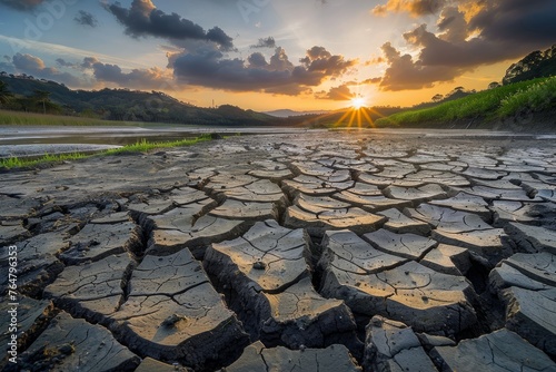 A dramatic sunset over a dry, cracked river, showcasing the impact of drought and water scarcity on the landscape