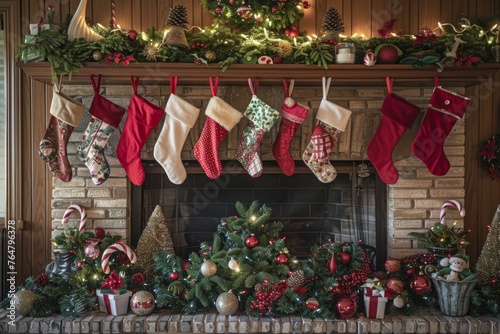 A fireplace adorned with stockings and various Christmas decorations, including garlands and lights, creating a warm holiday atmosphere