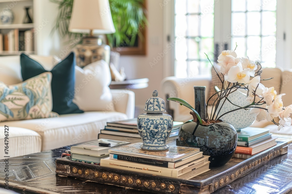 A close-up of a coffee table adorned with books and a vase filled with vibrant flowers in a stylish living room setting