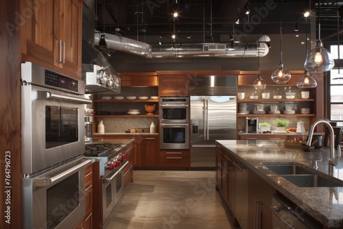 Well-organized open-concept kitchen with modern stainless steel appliances and wooden cabinets