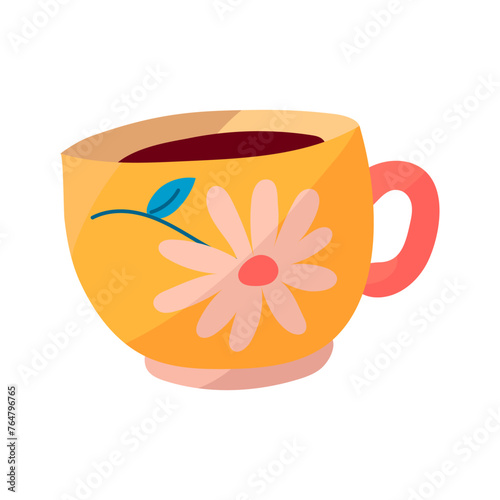 A cup of tea with chamomile. A yellow cup of tea with a daisy pattern. Relaxing liquid, Tranquility, comfort. An isolated object on a white background