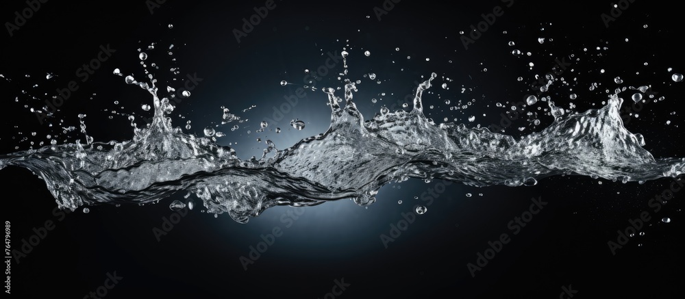An image showing a detailed view of a splashing water droplet on a dark black background