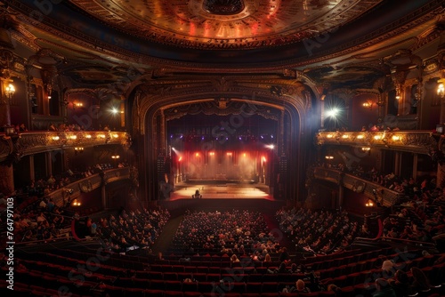 A wide-angle view of a grand theaters stage filled with people, including the audience in anticipation