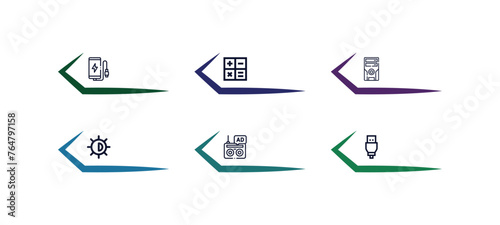 outline icons set from electronic stuff fill concept. editable vector included charging battery, calculating, computer tower, brightness option, radio, usb cable icons.