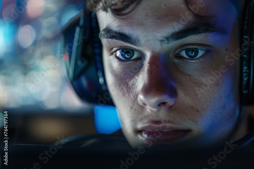 A young man, fully engaged in a gaming competition, wearing headphones and staring intently at the camera