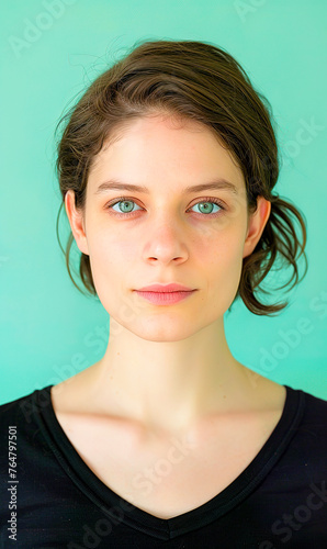photo of a woman face with short hair  front side  passport portrait. headshot looking at camera on flat background. natural beauty. 