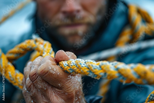 Close-up of a hand tying a sailing knot representing skill photo