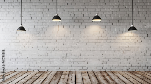 Contemporary Minimalism  Empty Space with White Brick Wall and Pendant Lights