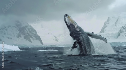 A humpback whale gracefully jumps out of the water, showcasing its immense size and power. The whales body is fully visible mid-air before it crashes back into the ocean.