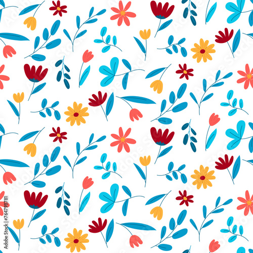 The pattern of flowers and branches. Seamless flat floral pattern on a white background. Bright vector illustration with spring flowers and branches. Cute seamless illustration