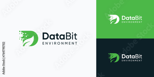 Geometric pixel D letter initial and leaf silhouette vector logo design in modern, simple, clean and abstract style.
