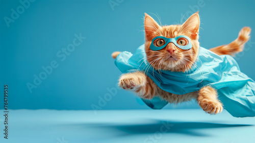 A red-haired superhero cat in a suit rushes to the rescue on a blue background. Help in the treatment of mental illness, pain and tension relief, peace and restful sleep. Place for the text © evgeniia_1010