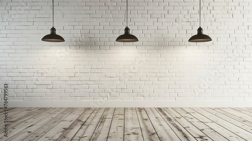 Contemporary Minimalism: Empty Space with White Brick Wall and Pendant Lights