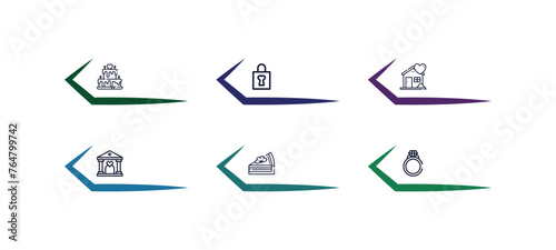 outline icons set from birthday and party concept. editable vector included wedding cake, love padlock, love house, wedding wine, cake slice, ring icons.