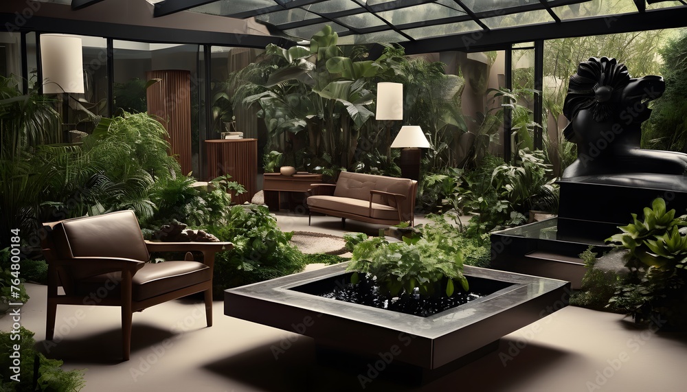 indoor garden with design wood furniture, generative ai, generative, ai