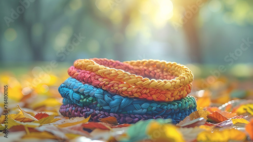 Colorful Greek knotted rosary. Pile of Knitted Bracelets on Autumn Leaves. Mental health concept photo