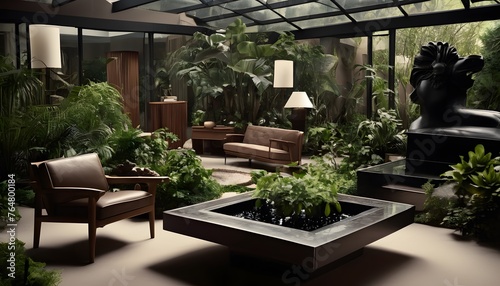 indoor garden with design wood furniture, generative ai, generative, ai © Evgenii