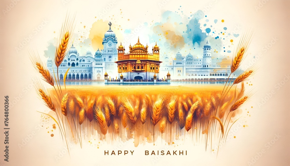Happy baisakhi card illustration with wheat field and golden temple. - obrazy, fototapety, plakaty 