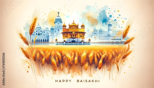 Happy baisakhi card illustration with wheat field and golden temple. photo
