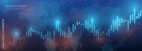 A chart of business candlesticks of investment trading on the stock market on a dark blue background. A chart with blue candles. Bullish point, the trend of the chart. Vector EPS 10.