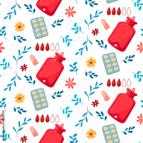 Menstruation pattern hot water bottle, pill, tampons, blood drops with flowers and branches. The concept of a woman's regular menstrual cycle. Menstrual period, premenstrual syndrome, vector
