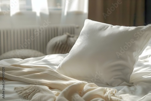 White Soft Bed Pillow in a Contemporary Bedroom Setting with Daylight. Concept Bedroom Decor, Soft Furnishings, Contemporary Style, Natural Lighting