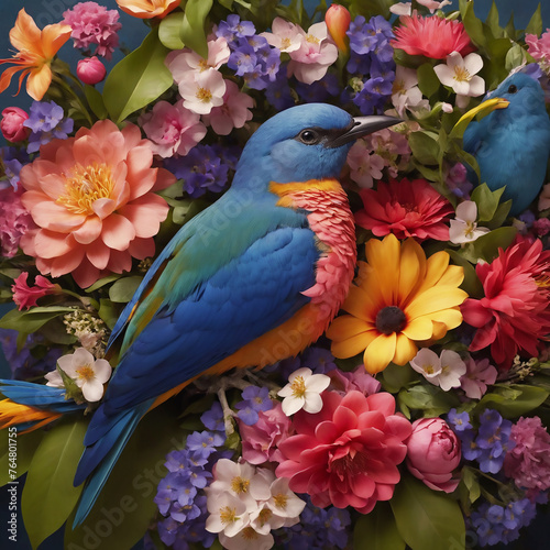 exotic popinjay covered in Flowers. Ai generate 