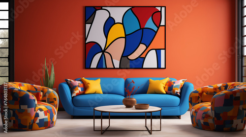 Blue couch and two armchairs in a room with orange walls and a colorful painting on the wall. photo