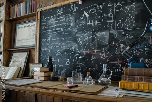 Classroom with a blackboard of hand-drawn chemistry teaching, books, and instruments