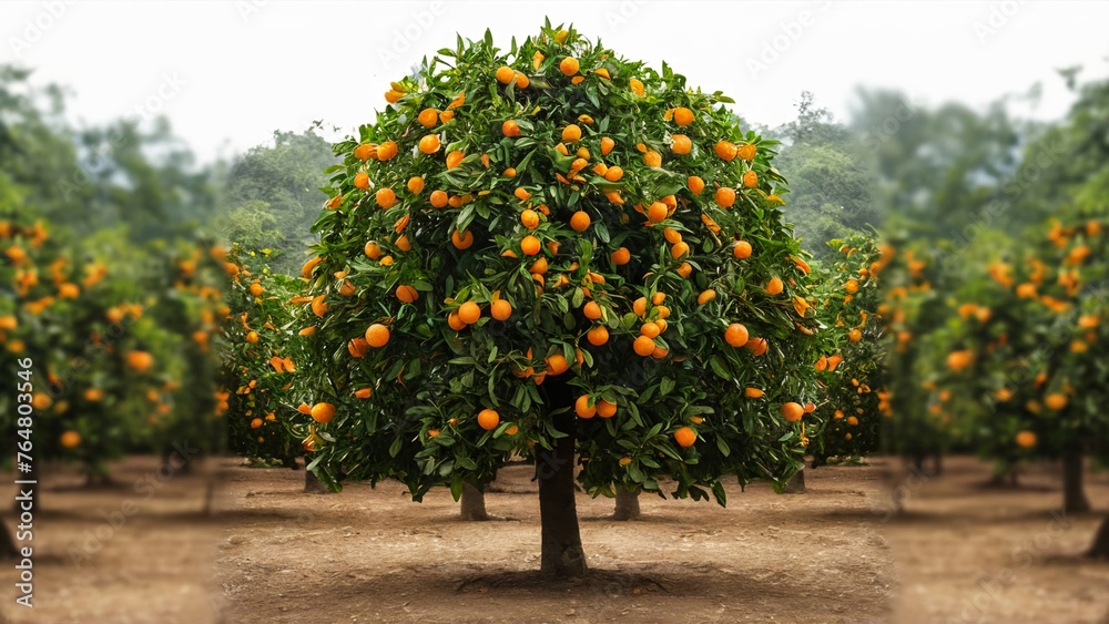 Naklejka premium Generative Ai Orange Tree Surrounded By Blurry Orange Trees