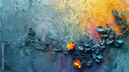 A modern painting that consists of abstract elements, metal elements, texture backgrounds, flowers, and plants.