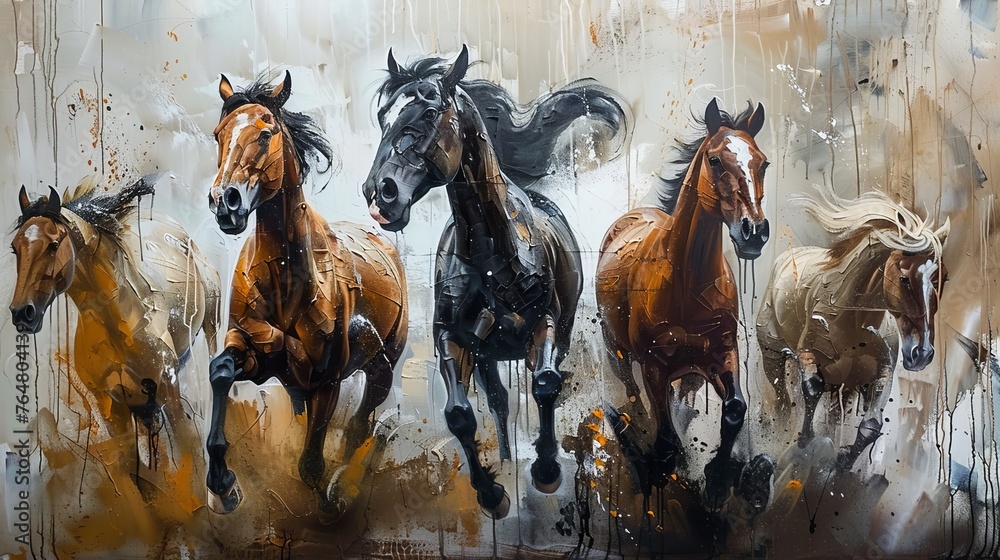 Fototapeta premium A modern painting with abstract elements, metal elements, a texture background, animals, horses, etc.